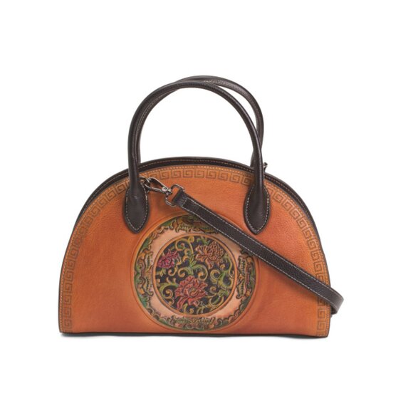 AMERILEATHER Cognac Leather Flora Tooled Handbag